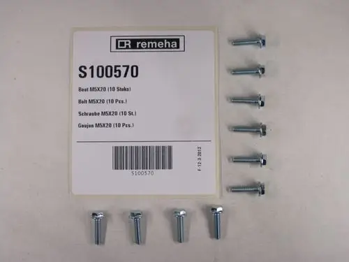 Remeha-Produkt mit Schrauben und Unterlegscheiben auf weißem Hintergrund. Die Schrauben sind in einer Reihe angeordnet, die Verpackung befindet sich rechts im Bild.